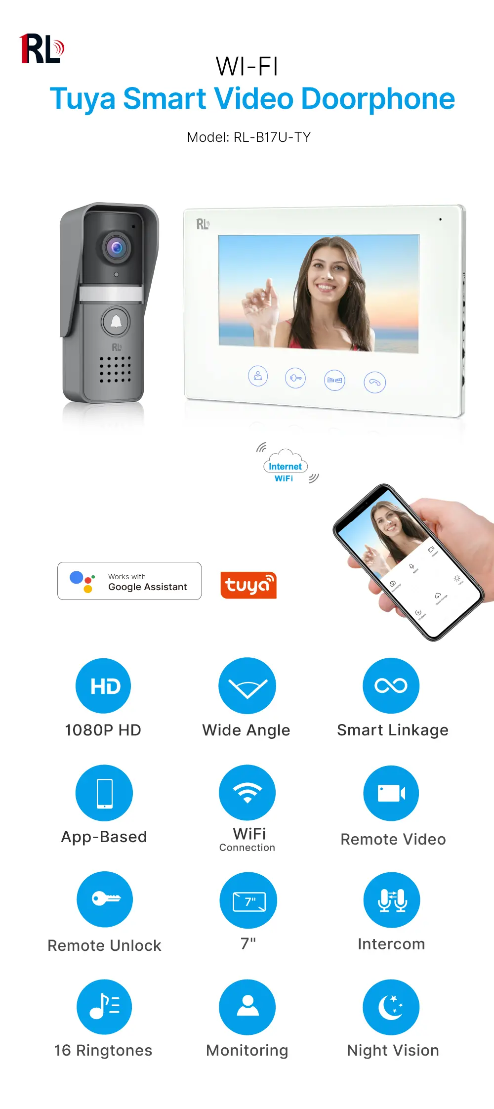 7英寸 WiFi AHD 视频门铃 # RL-B17U-TY-使用 Tuya 智能 App，即可远程监控、对讲和开锁。-200 万像素 AHD 摄像头。-16种铃声可选。-电动锁及门锁连接支持。_ 01