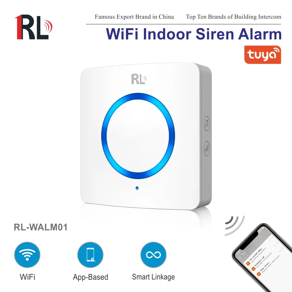 智能室内警报器与编钟，适用于智能家居系统。型号：RL-WALM01，由图雅智能出品，支持2.4GHz WiFi 连接，静音运行达90dB，无需集线器，可配置自动化场景1。