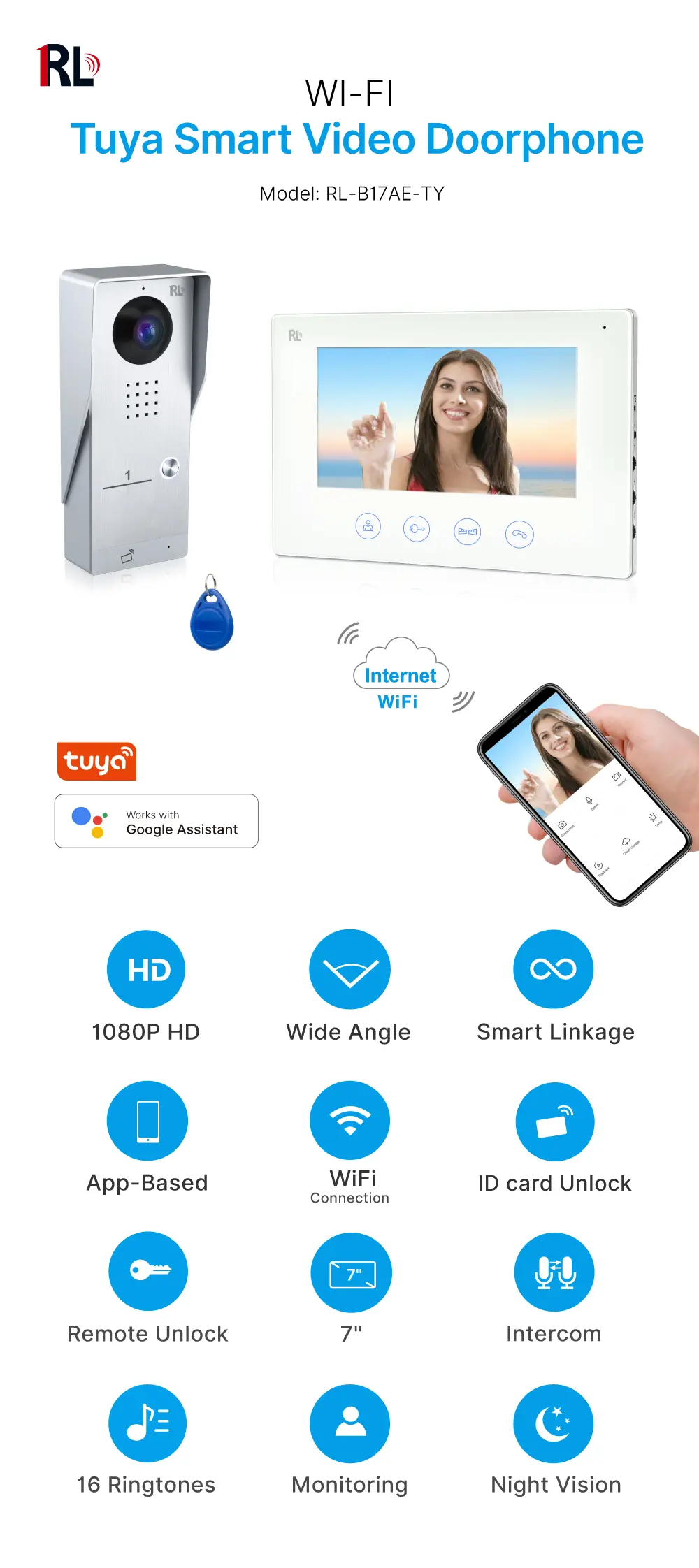 7英寸 WiFi AHD 视频门铃 # RL-B17AE-TY- 夜间摄像机红外补光。- 可远程电动解锁和机械开锁。- 通过 Tuya 智能 App，支持远程监控、对讲和开锁。- 200 万像素 AHD 摄像头。- 可选 16 种铃声。_ 01