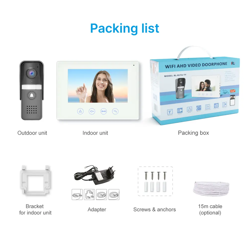 7英寸 WiFi AHD 视频门铃 # RL-B17U-TY-使用 Tuya 智能 App，即可远程监控、对讲和开锁。-200 万像素 AHD 摄像头。-16种铃声可选。-电动锁及门锁连接支持。_ 13