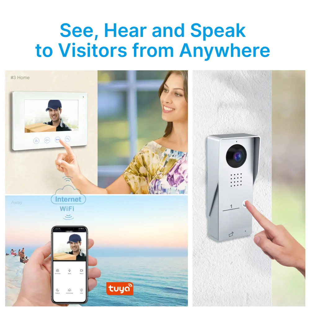 7英寸 WiFi AHD 视频门铃 # RL-B17AE-TY- 夜间摄像机红外补光。- 可远程电动解锁和机械开锁。- 通过 Tuya 智能 App，支持远程监控、对讲和开锁。- 200 万像素 AHD 摄像头。- 可选 16 种铃声。_ 02